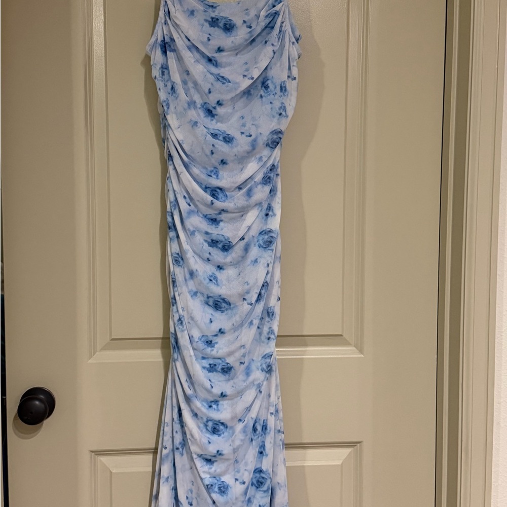 SHEIN Blue and White Floral Ruched Maxi Dress